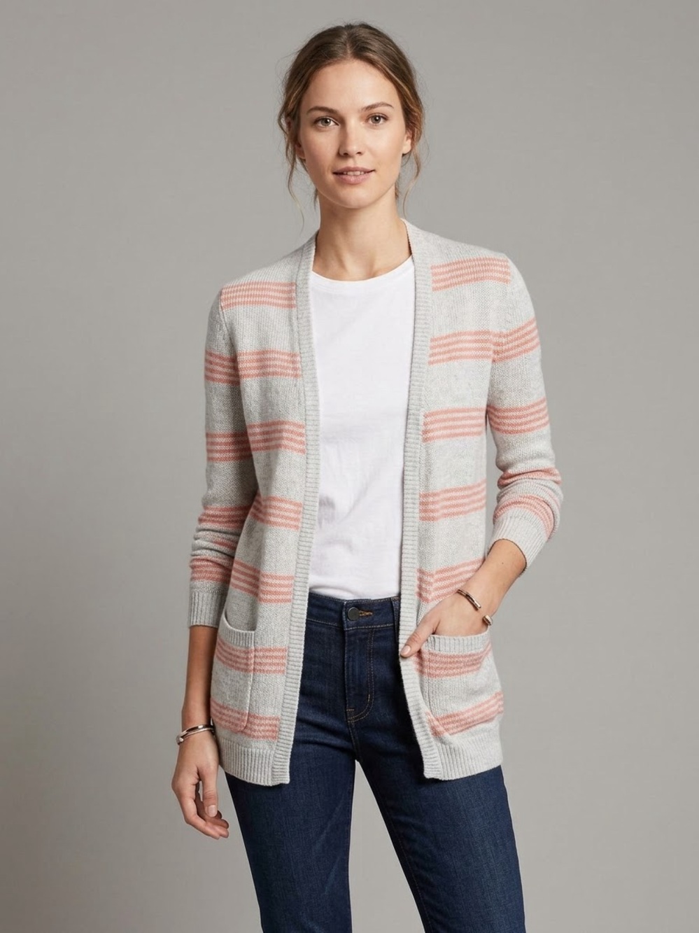 Theory Cotton Cashmere Striped Open Front Pocket Cardigan Sweater stain on elbow